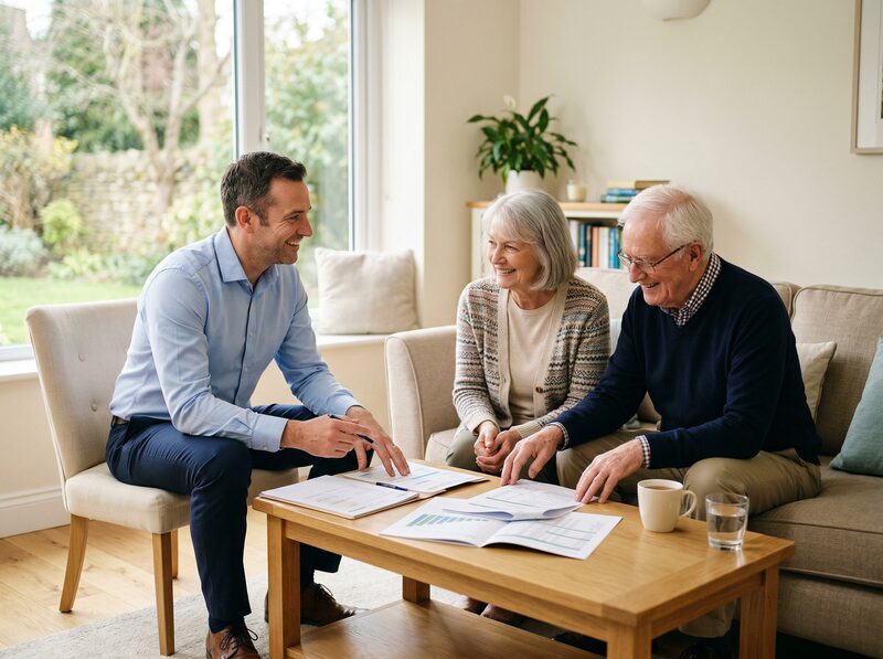 A couple meeting with a specialist adviser to discuss their retirement options