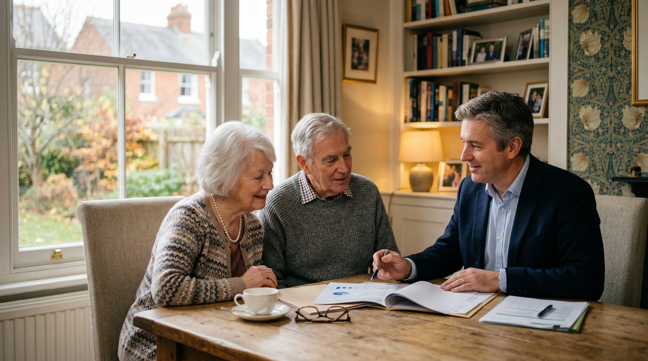 An adviser meeting with clients in their home to discuss retirement options