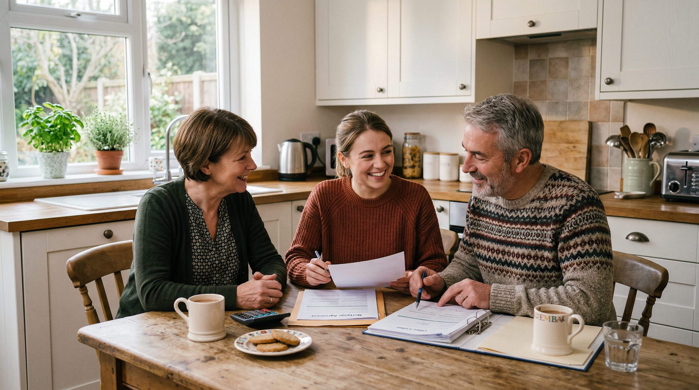 Parents helping their daughter with mortgage paperwork at a kitchen table