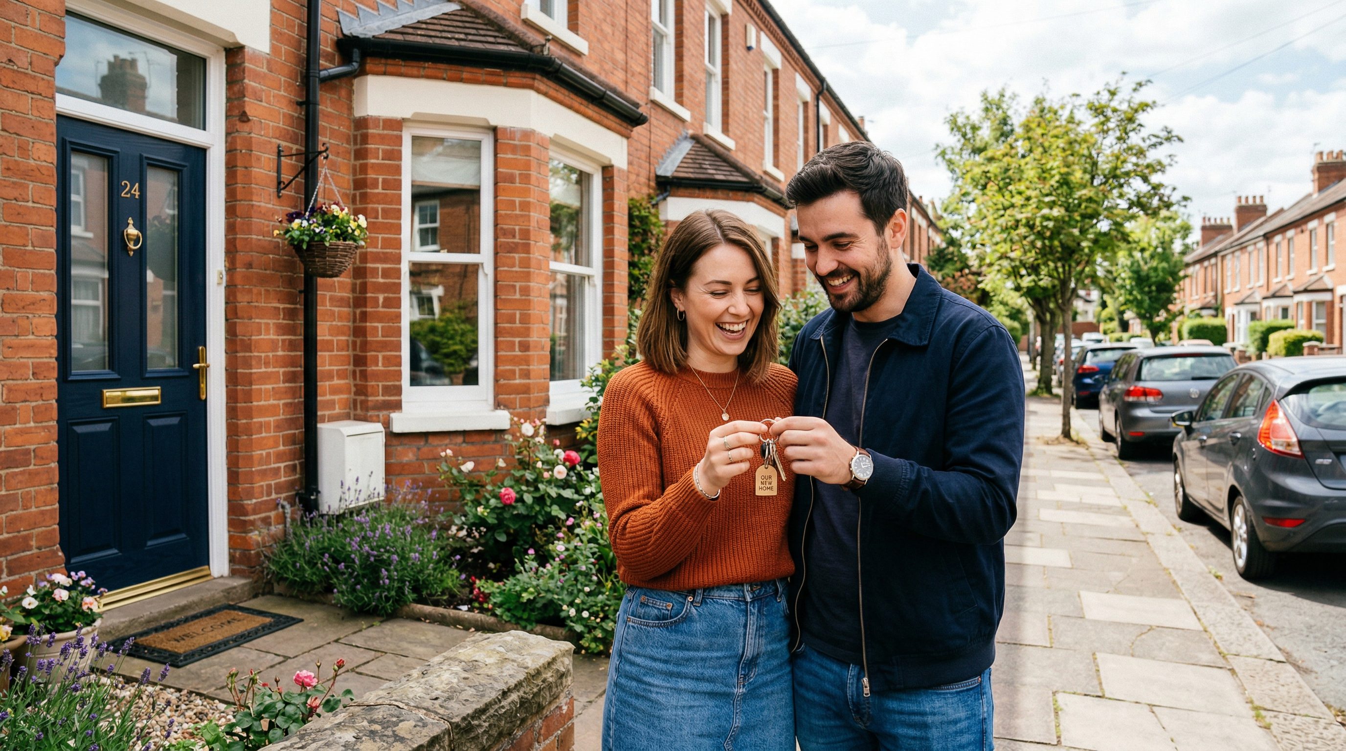 Young couple holding house keys outside a UK terraced house